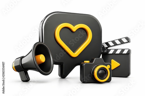 Social media marketing concept with heart chat bubble megaphone camera and video clapperboard