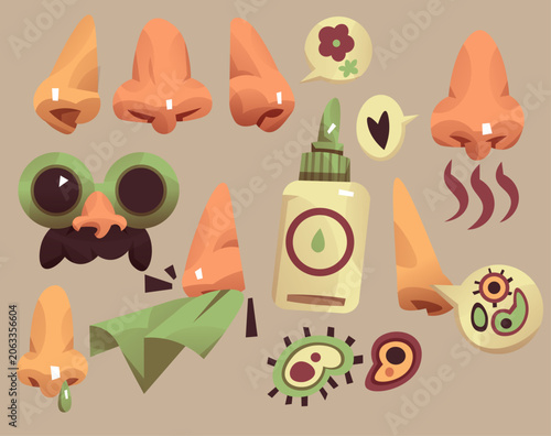 Cartoon Nose Anatomy Vector Set Smell Sense Organ Nasal Health and Hygiene Elements