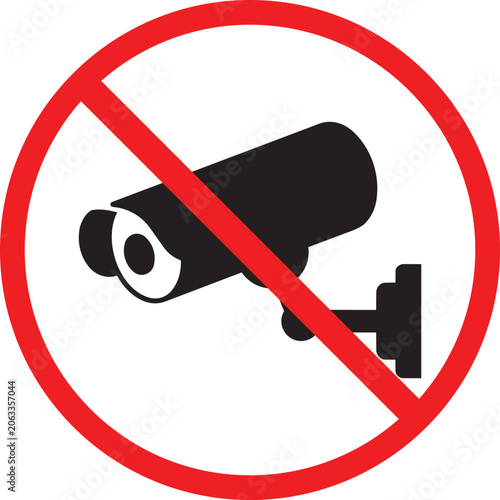 Fotografie No Surveillance Camera Allowed Sign: A clear prohibition symbol overlays a black silhouette of a surveillance camera, indicating a restricted area where recording devices are forbidden
