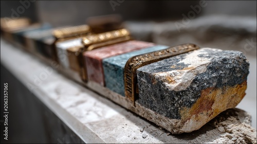A close-up of a decorative stone piece with colorful inserts and gold bands