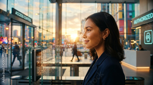 A close-up of a person facial profile being scanned by a subtle, clean abstract mesh of glowing digital light points, sleek modern corporate security entrance background, futuristic access control