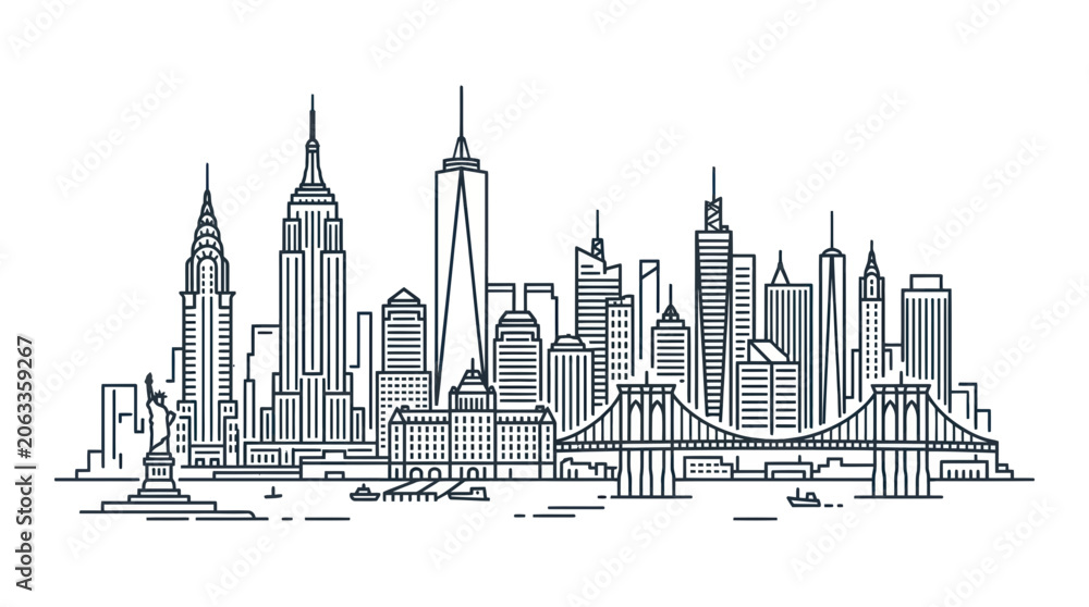 Fototapeta premium New York City Skyline Outline Illustration with Brooklyn Bridge and Statue of Liberty