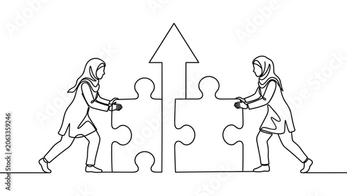 Tableau sur toile Continuous line drawing of two Muslim women joining puzzle pieces with an upward arrow