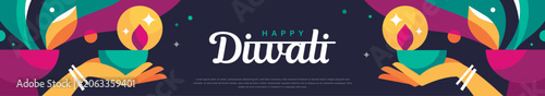 Konstfotografi Happy Diwali Hindu festival modern banner design with hands holding diya, oil lamps and typography