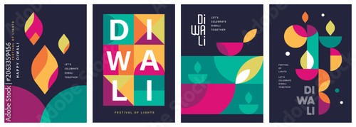 Bild auf Leinwand Set of happy Diwali Hindu festival modern design with diya oil lamps, colorful geometric and typography