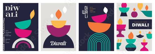 Tableau sur toile Set of happy Diwali Hindu festival modern design with diya oil lamps, colorful geometric and typography