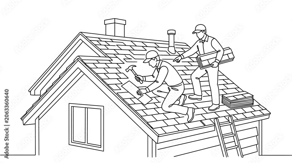 Naklejka premium Continuous line drawing of roofers installing shingles on a residential house