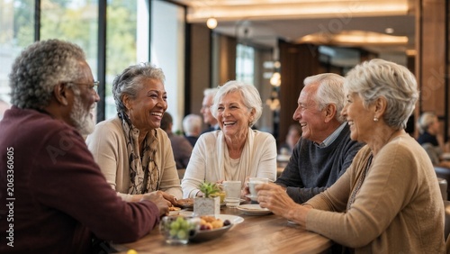 Diverse group of happy senior citizens laughing and enjoying a meal together while sitting around a wooden table in a bright cafe.