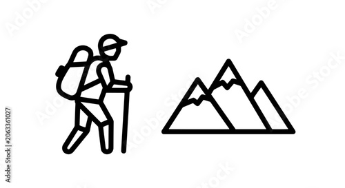 Mountain hiking and mountaineering outline icons with mountains trekking mountaineering climbing