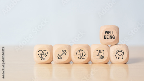 Employee wellbeing concept. Wooden blocks with physical, mental, emotional health icons. Creating employee benefits, satisfaction programs. Fostering positive work culture, employee engagement