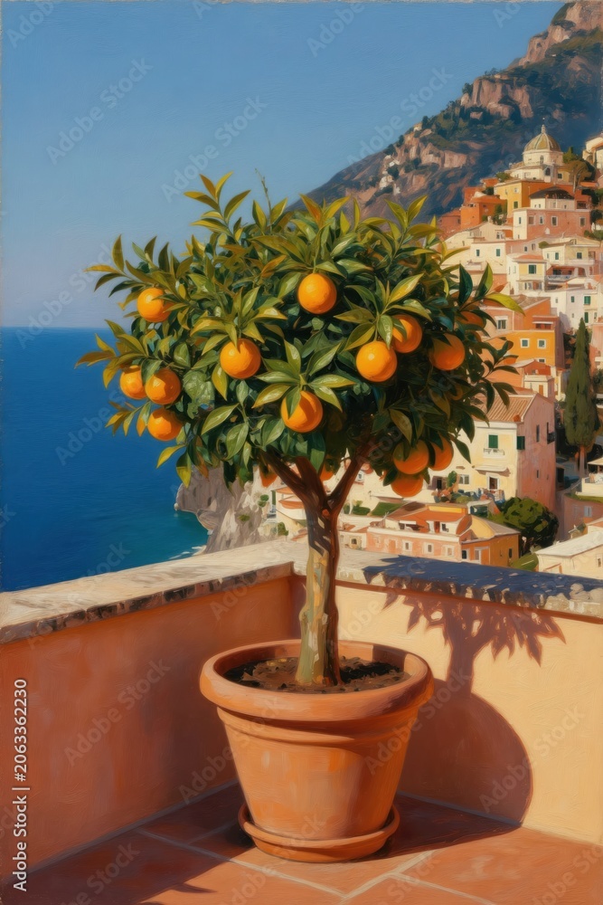 Fototapeta premium Orange tree with fruit grows in clay pot on terrace overlooking Mediterranean town and blue sea. Sunny day casts tree shadow on terracotta tiles. Town climbs hilly coast.