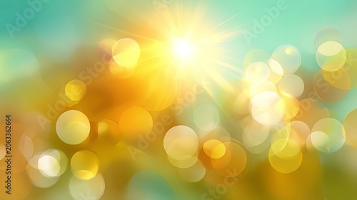 Bright golden sun shining through soft blurred circles creating a warm radiant atmosphere with vibrant light and dreamy summer colors