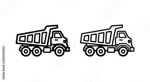Konstfotografi Line art construction tipper truck icons set with construction machinery transpo