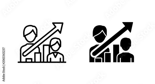 Obraz na plátně Business growth icon set featuring human figures with rising financial trend arr