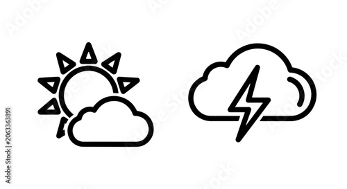 Schilderij op canvas Sun and cloud weather icons set featuring a sunny day and stormy thundercloud sy