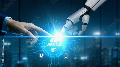 Human hand and robotic hand reaching to touch glowing Web 3.0 interface. Futuristic circuitry, data cloud symbol, and security icons on blurred night cityscape.