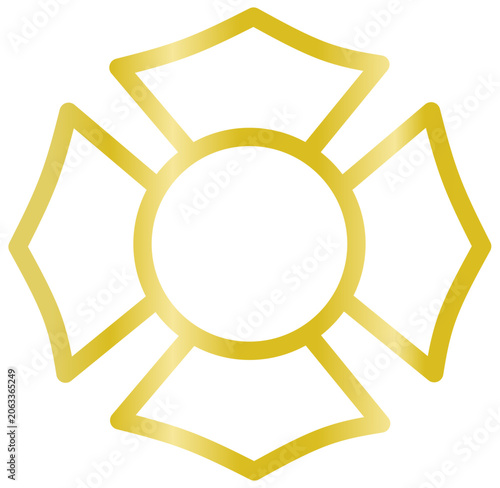 Golden Maltese cross firefighter emblem in outline style, flat vector line illustration of fire department badge and symbol