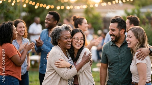 Diverse friends and family enjoying garden party hugging