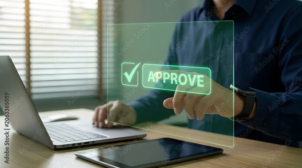 Fototapeta premium Businessman Touching Virtual Approve Button with Checkmark Icon