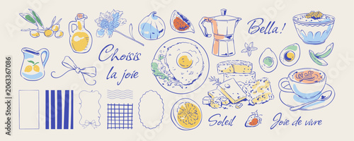 Foto Whimsical Mediterranean breakfast icon set in blue and yellow color