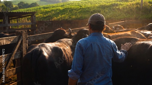 Buffalo farmer caring for water buffalo herd in livestock facility, rural ranch management and sustainable buffalo farming in agricultural countryside