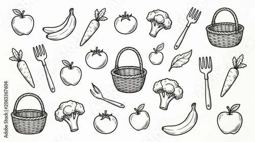 Set of playful hand drawn fresh fruits, vegetables, and farming illustrations. Doodle drawings of apples, bananas, carrots, tomatoes, broccoli, garden forks, and wicker baskets. Line art in retro 