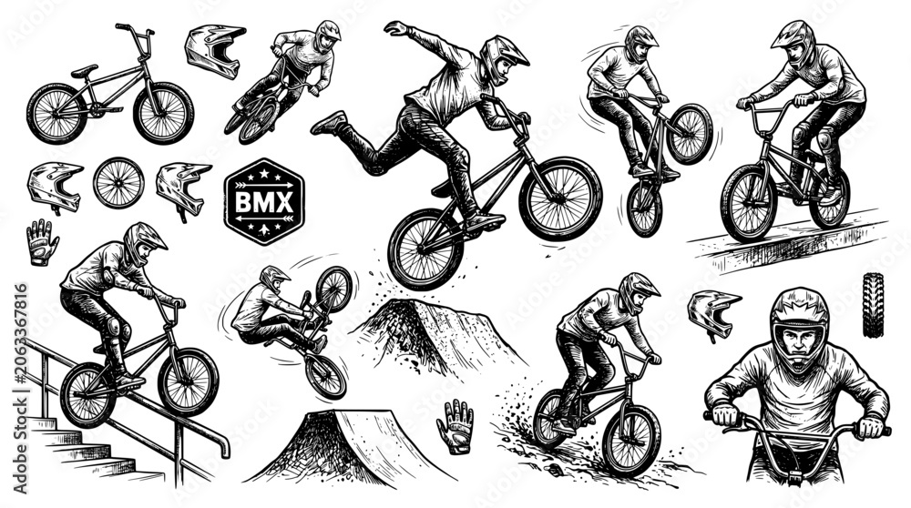 Naklejka premium Bmx extreme sports set with riders, bikes, helmets and equipment