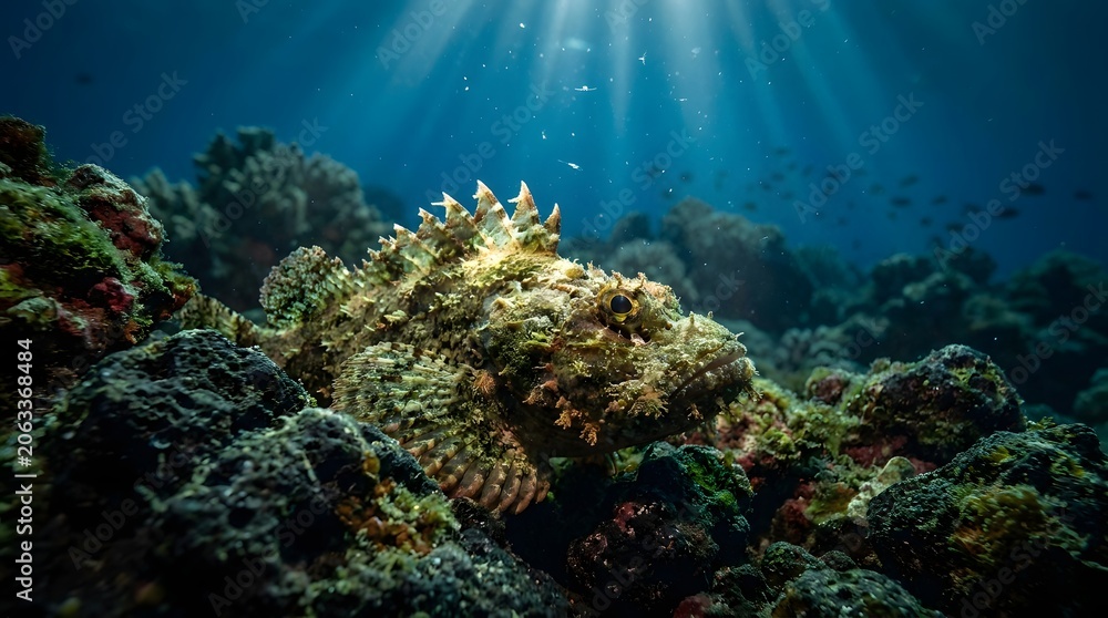 Fototapeta premium Camouflaged Scorpionfish Resting on Coral Reef in Deep Blue Ocean Water