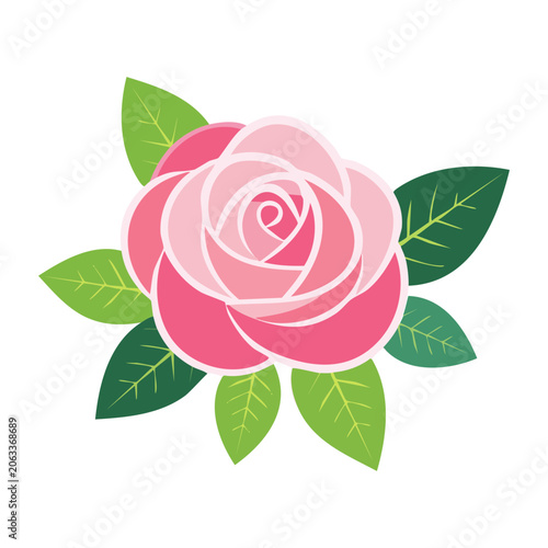 Pink rose with green leaves flat illustration