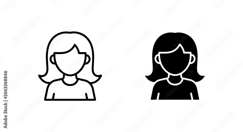 Fototapeta premium Female avatar portrait icon in outline and solid black silhouette styles for user profile web