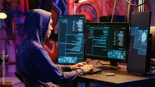 Vászonkép Hacker in hidden underground base able to successfully get past anti tamper measures implemented by companies to protect their software, uploading finished crack
