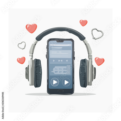 Smartphone with headphones and heart icons flat design
