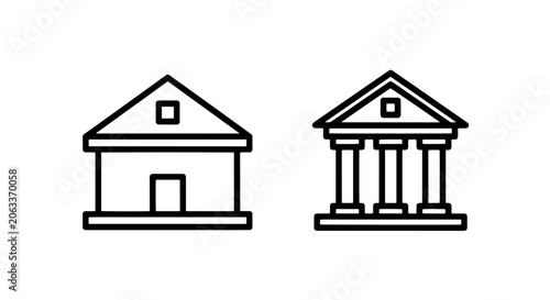 Fotografie Simple linear icons of a residential house and a classic bank building with buil