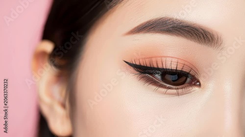 Elegant Eye Makeup: A close-up shot focuses on a woman's meticulously made-up eye, showcasing a flawless winged eyeliner and subtle eyeshadow, highlighting natural beauty and refined style.
