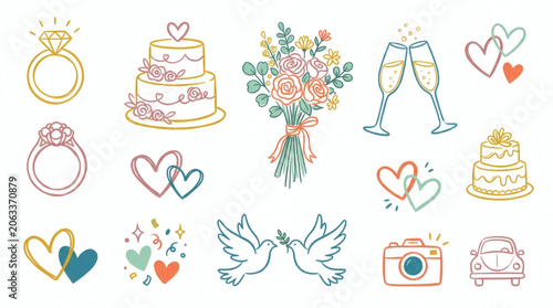 Set of playful hand drawn wedding and romance illustrations. Doodle drawings of engagement rings, wedding cakes, bridal bouquets, champagne flutes, hearts, and doves. Line art in retro style, isolated
