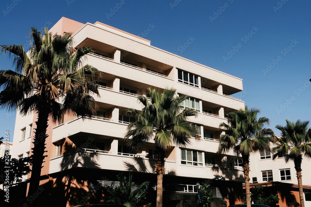 Fototapeta premium Modern apartment block with balconies against sunny blue sky. Palm trees frame the facade of the beige building with many windows. Residential architecture.