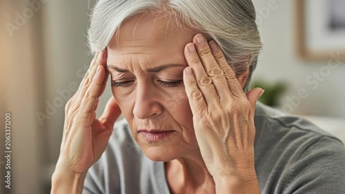 Agony of the Mind: An elderly woman with furrowed brow and tightly pressed hands against her temples experiences intense head pain or distress.