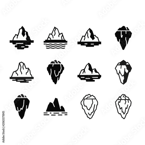 Iceberg black and white silhouette set.