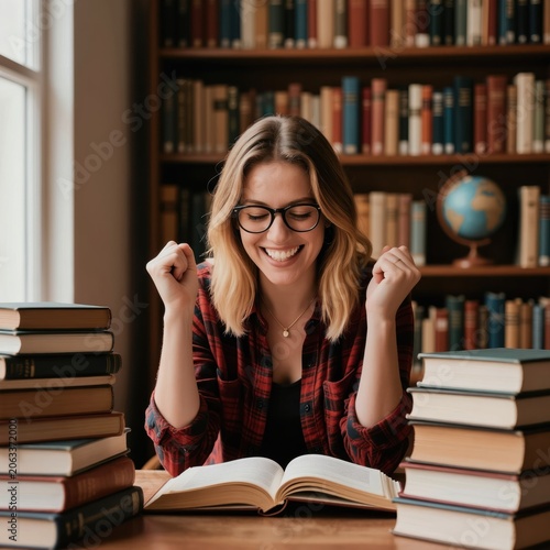 Young woman with glasses celebrates success in library. Female student reads book among bookshelves  happy about knowledge acquisition. Achieved goal  passed exam  got admission. Education concept.
