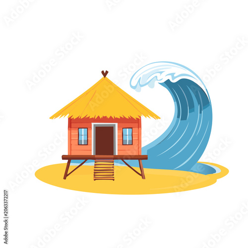 Tropical beach hut with wave illustration