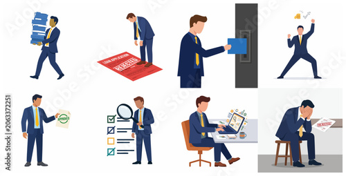 Bild auf Leinwand Set of Business People Vector Illustrations for Financial Loan Process, Success,