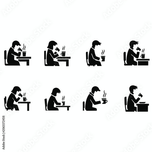 Man sitting at table drinking coffee in various positions.
