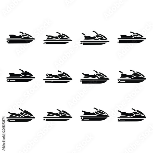 Multiple jet skis in black and white illustration.