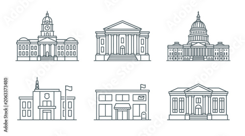 Government Buildings Icons Set: City Hall, Capitol, Courthouse, Post Office