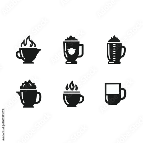 Six black coffee cup icons on white background.