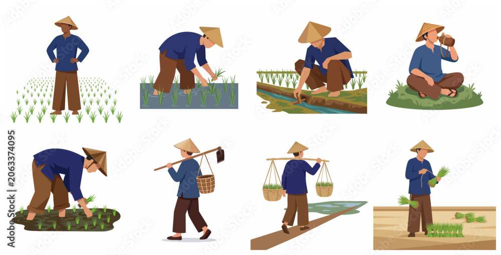 Fototapeta premium Set of Traditional Asian Farmer Characters Working in Rice Paddy Fields Illustration