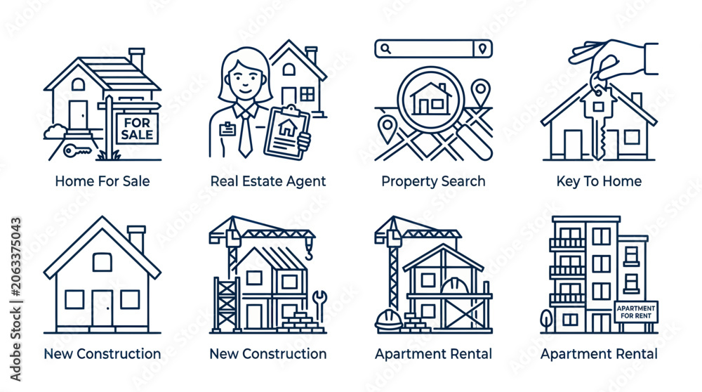 Fototapeta premium Real Estate Icons: Home Sale, Agent, Search, Key, Construction, Rental