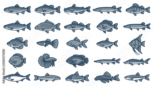 Diverse Collection of Fish Species Illustration, Aquatic Life Icons