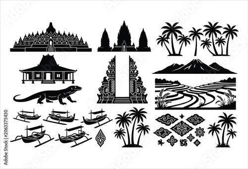 Εκτύπωση καμβά Balinese Cultural Elements Temples Landscapes And Wildlife Black Silhouette