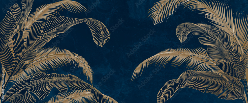 Fototapeta premium Dark luxurious art background with golden palm leaves in a line style. Botanical banner with tropical plants for wallpaper, decor, packaging, prints, and posters.